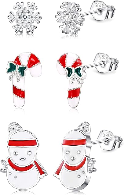 MILACOLATO Christmas Earrings 3 Pairs 925 Sterling Silver Christmas Stud Earrings for Women Teen Hypoallergenic Snowman Santa Christmas Tree Snowflake Earrings Christmas Thanksgiving Jewelry Gift