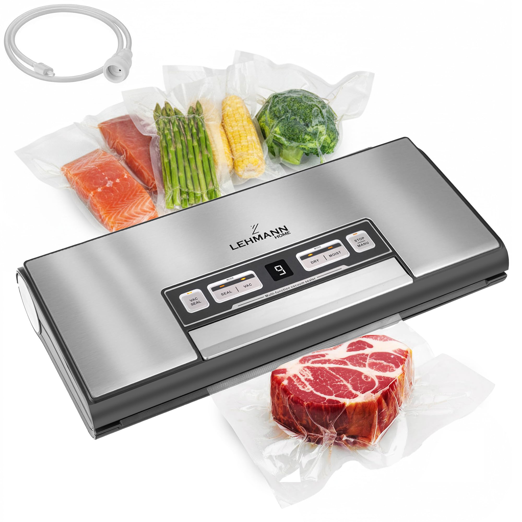 LEHMANN Macchina Sottovuoto Alimenti, Macchine Sottovuoto per Alimenti Secchi e Umidi, 5 Modalità, Conservazione Prolungata Alimentare, Saldatura Lunga 30 cm, Taglierina, Tubo di Aspirazione incl.