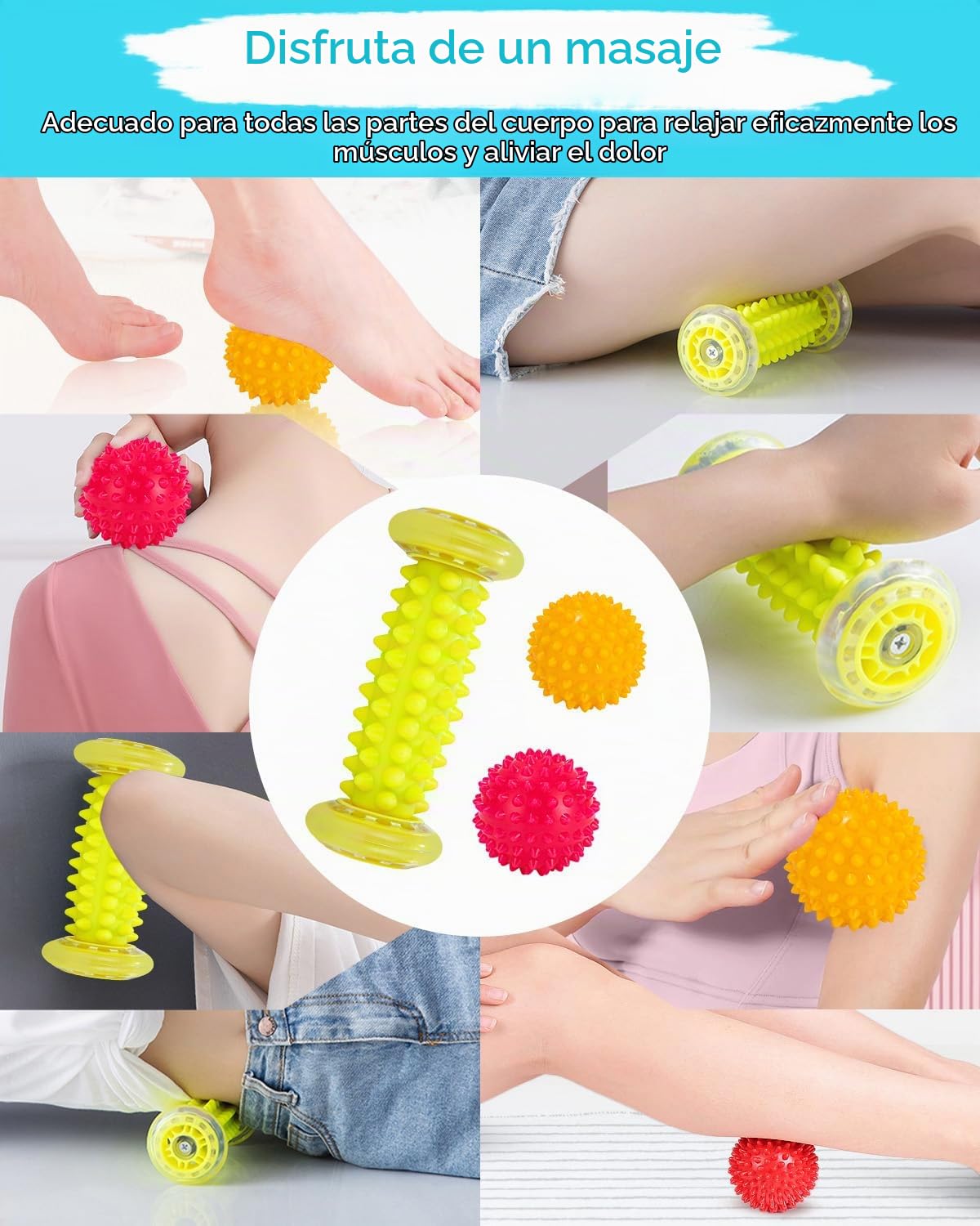 Rodillo de bola de masaje, Juego de 3 bolas de masaje para pies, Masajeadores de Pies para Fascitis Plantar, Músculo, Cervical, Espalda, Nalgas, Hombro, Brazos