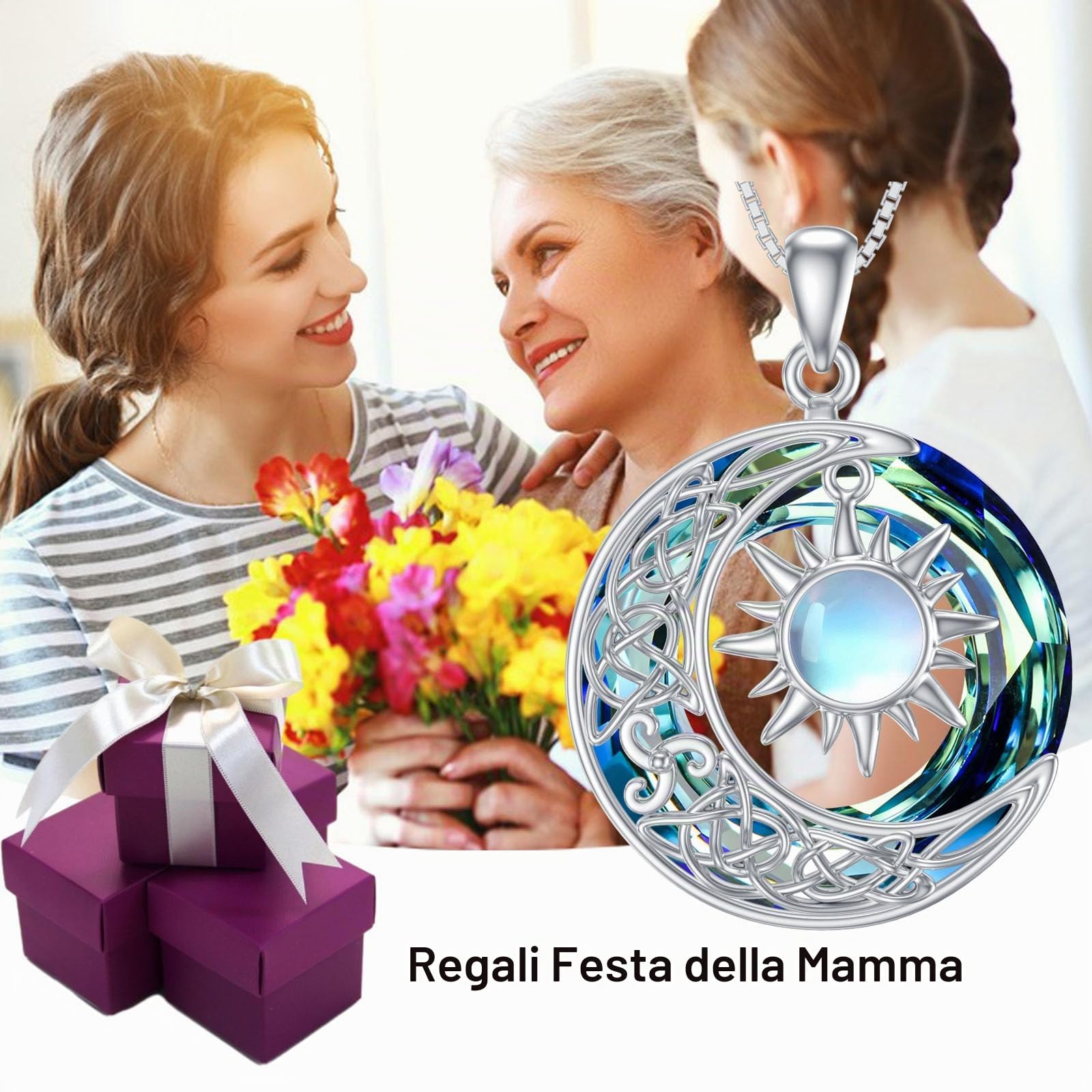 REDSUN Collana con ciondolo a forma di luna e sole, in argento Sterling 925, motivo celtico, con pietra di luna e sole, gioiello regalo per donne e ragazze