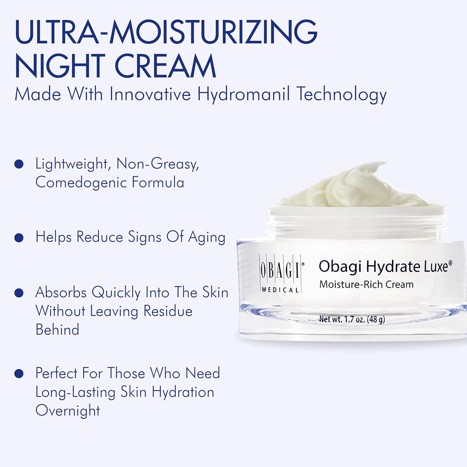 Obagi Hydrate Luxe Moisture-Rich Cream, 1.7 oz Pack of 1 - Hydrating Face Lotion with Shea Butter - Ultra-Rich Moisturization Night Face Cream for Dry Skin, Sensitive Skin, Aging Skin