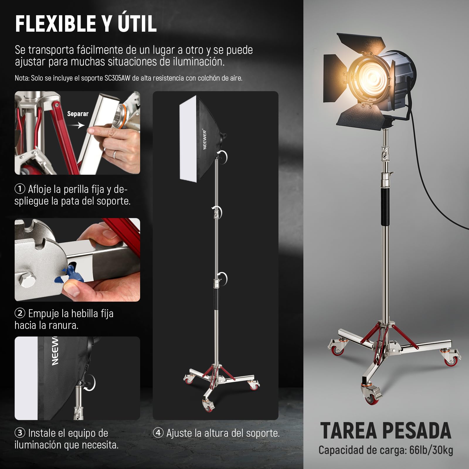 NEEWER Soporte de luz Acolchado de Aire Resistente de 10 pies con Ruedas, Soporte de trípode Ajustable, Soporte de Acero Inoxidable con Ruedas para Flash de Estudio, Reflector monolight, SC305AW