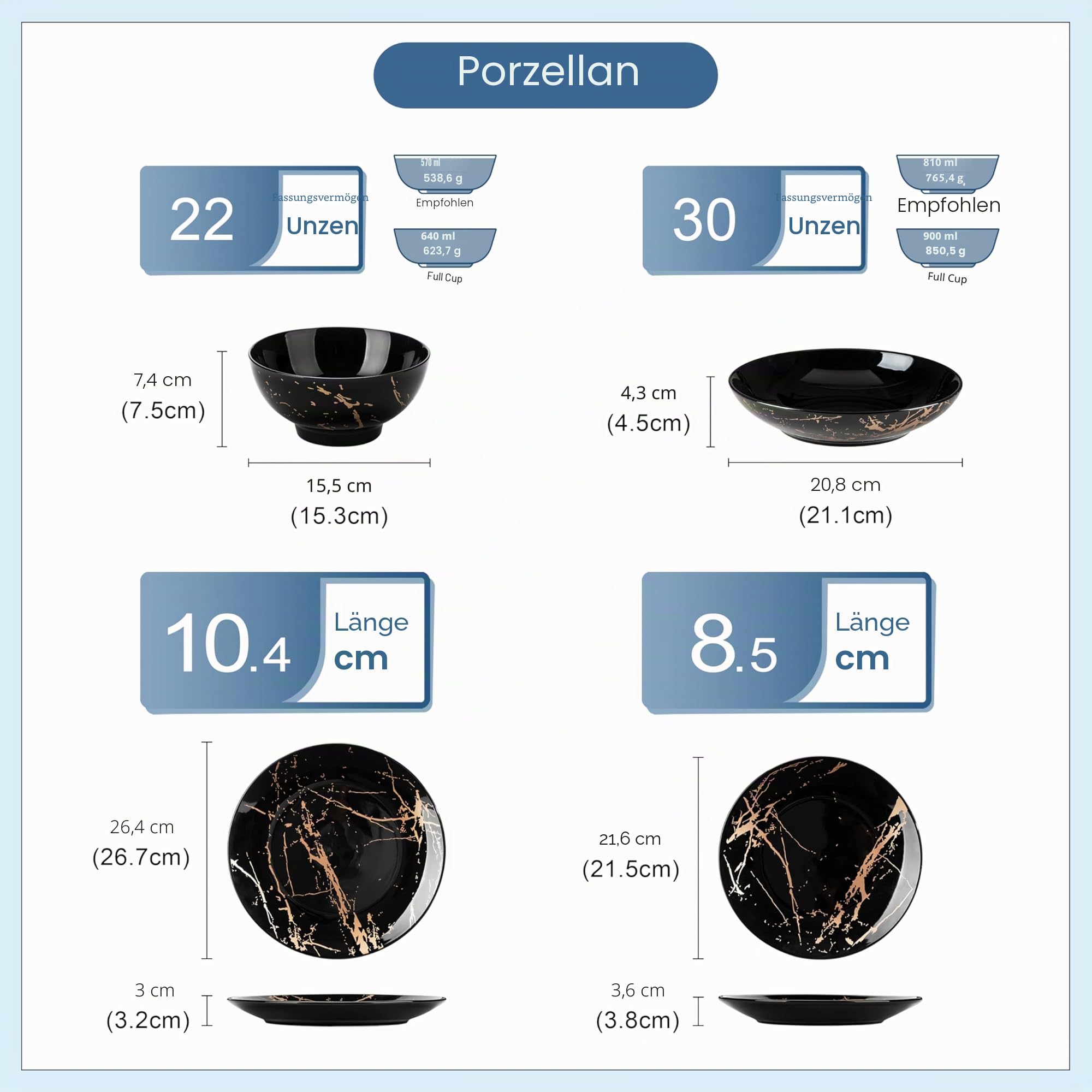 LOVECASA Tafelservice porzellan, Serie Daphne, SWEET 24-teiliges Kombiservice Set, Ess Geschirrset mit Goldspritzer Design, Speiseteller, Dessertteller, Müslischalen und Suppenteller für 6 Personen