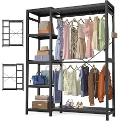 Homykic Bamboo Clothes Rack Garment Rack for Hanging Clothes Heavy Duty Clothing Rack with 7 Tiers Adjustable Shelves