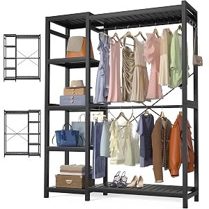 Homykic Bamboo Clothes Rack Garment Rack for Hanging Clothes Heavy Duty Clothing Rack with 7 Tiers Adjustable Shelves