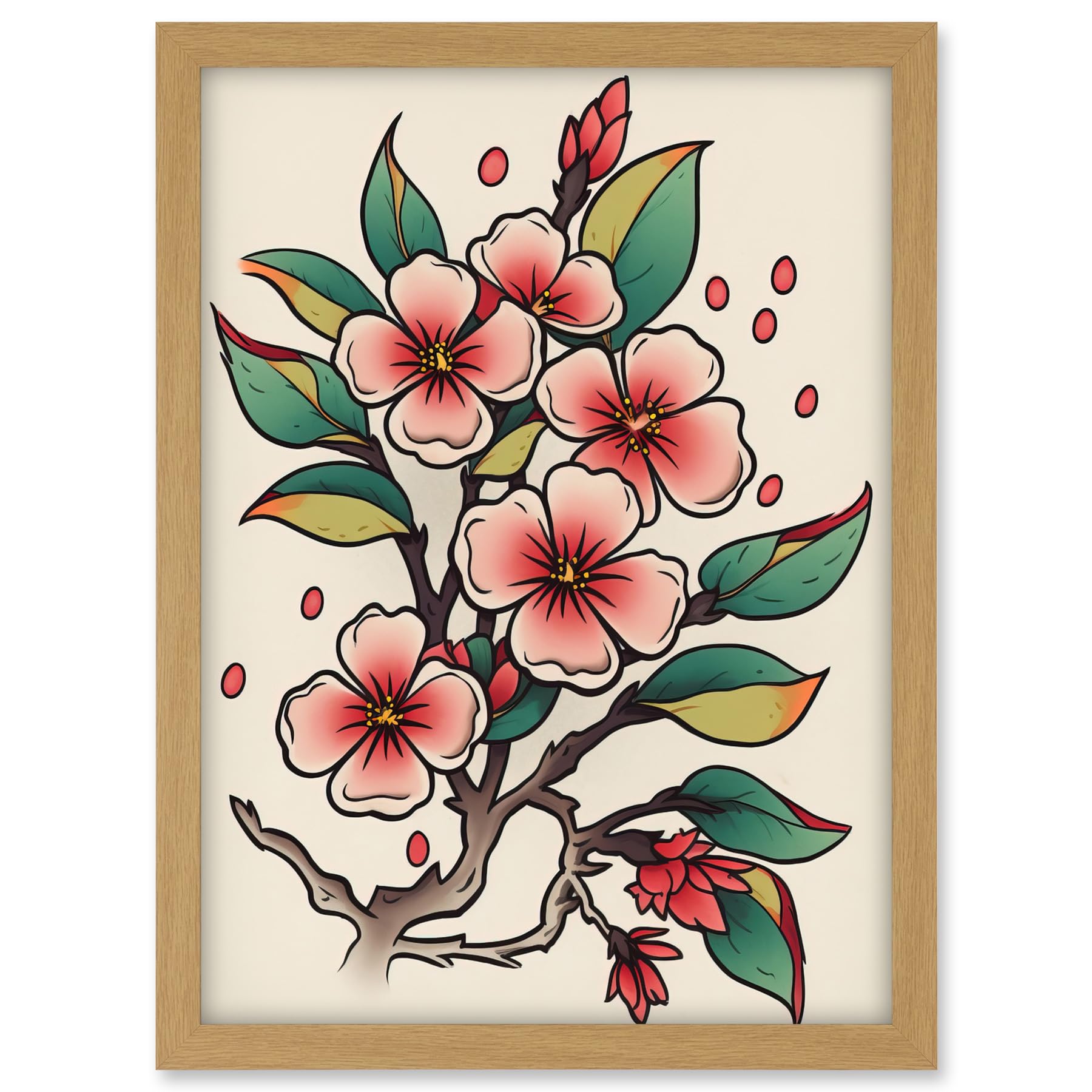 Artery8 Cherry Blossom Branch Flowers Tattoo Ink Body Art Rockabilly Americana 50s Artwork Framed A3 Wall Art Print