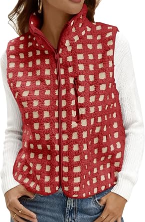 Tankaneo Womens Checkered Sherpa Vest Fleece Fuzzy Zip Up Sleeveless Jacket