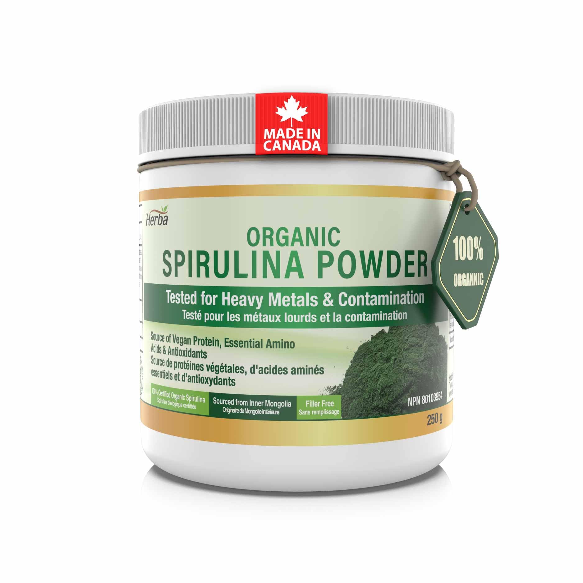 Herba Organic Spirulina Powder 250g – Organic & Tested for Microcystins, Heavy Metals & Contamination | Made in Canada | Sourced from Inner Mongolia | Pure Spirulina Powder Organic Canada