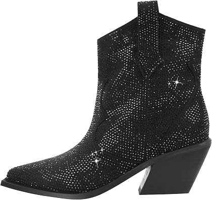 Women's Rhinestone Cowboy Ankle Booties Pointed Toe Studded Pull On Chunky Stacked Heel Cowgirl Western Boots