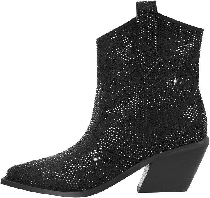 Women's Rhinestone Cowboy Ankle Booties Pointed Toe Studded Pull On Chunky Stacked Heel Cowgirl Western Boots
