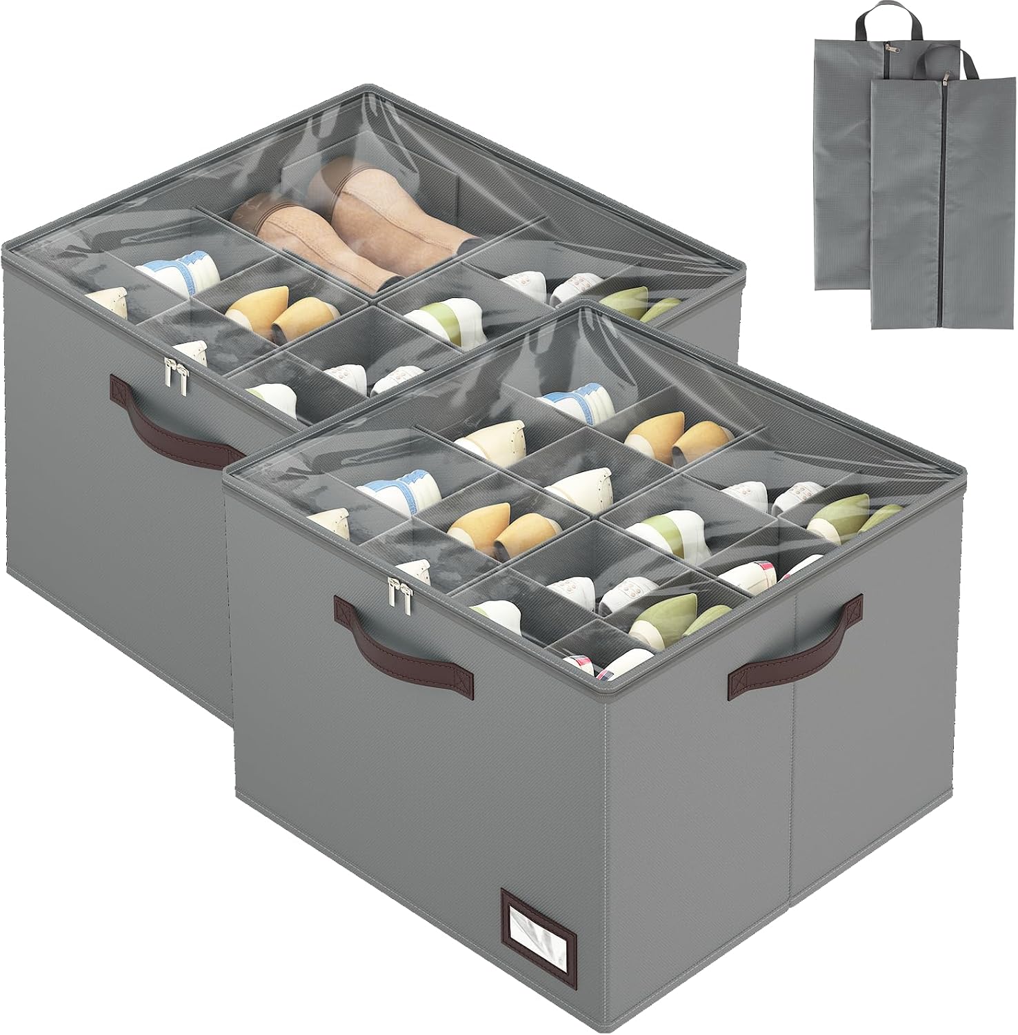 OIAHOMY 2 Pack Shoe Organizer for Closet, Large Foldable Shoe Storage Bins with Dividers and Reinforced Handles, Each Clear Cover Sneaker Box Fits Up to 16 Pairs for Entryway and Bedroom, Grey