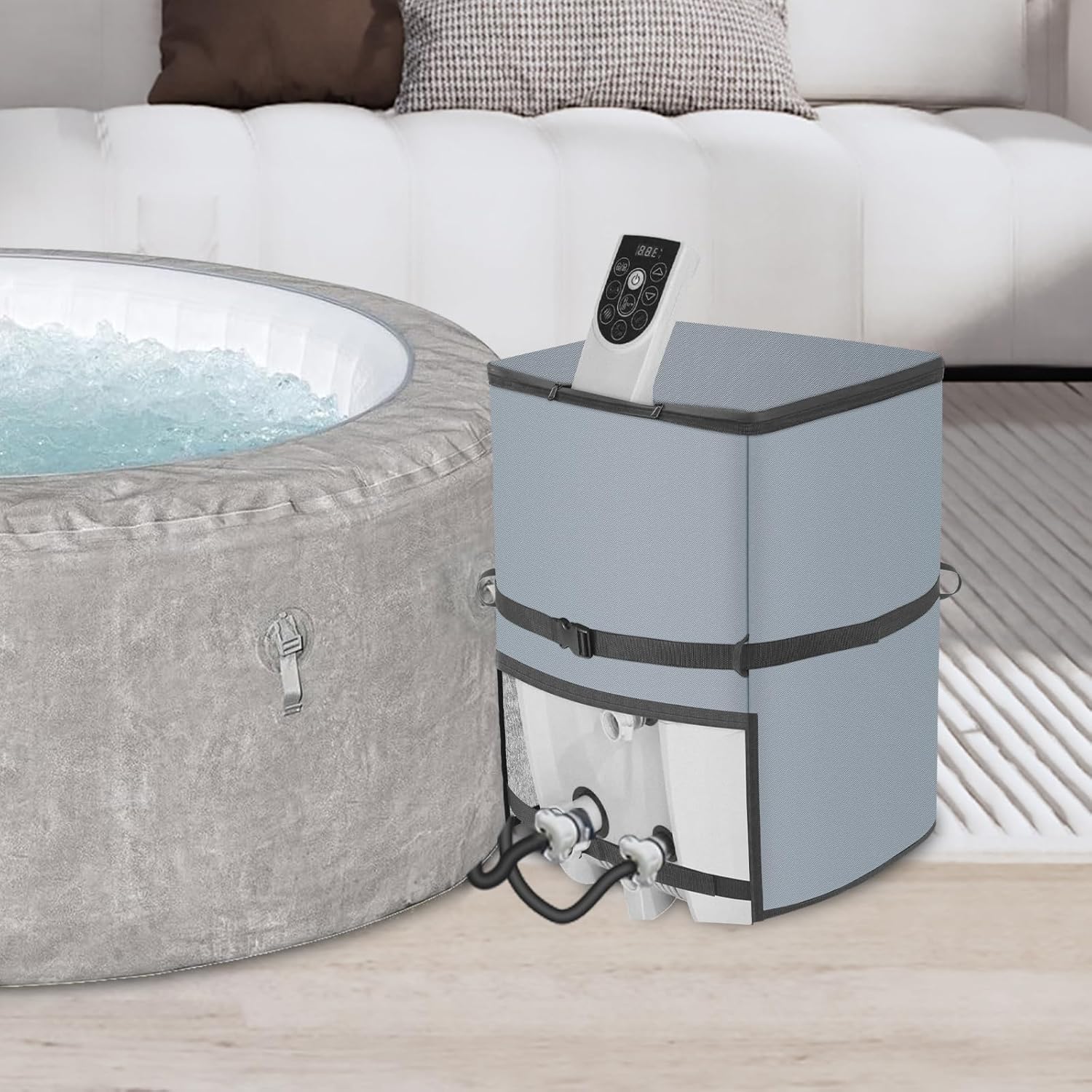 Hot Tub Spa Heater Pump Cover,14.1" D x 12.9" W x 18.9" H Waterproof 600D Oxford Fabric Aluminum Film Insulated Cover,Inflatable Hot Tub Accessories,Easy Installation with Zipper,Grey,Square