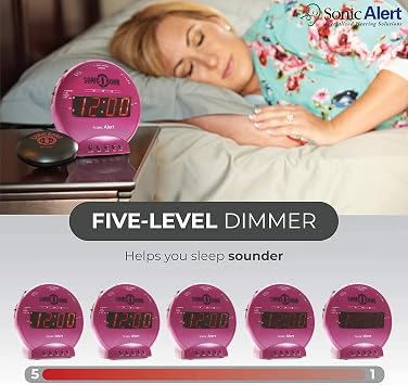 Sonic Alert Sonic Bomb Dual Alarm Clock with Bed Shaker, Pink Vibrating Alarm Clock for Heavy Sleepers, Battery Backup | Wake with a Shake