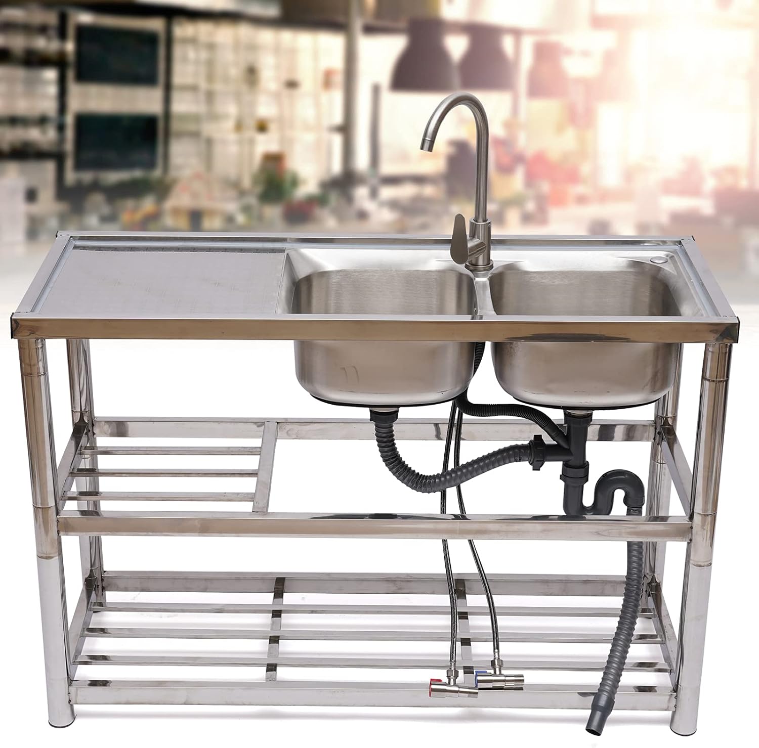 Stainless Steel Kitchen Sink 1 or 2 Compartment Prep Utility Sink with Drainer, Free-standing Commercial Sink, for Cleaning Food, Fruits, Bar, Restaurant, Dessert Shop, Silver