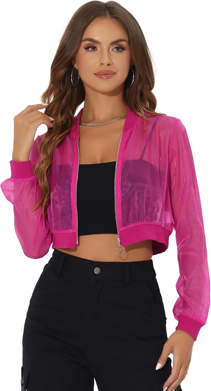 Allegra K Bomber Crop Jacket for Women's Sheer Mesh Lightweight Long Sleeve Jackets