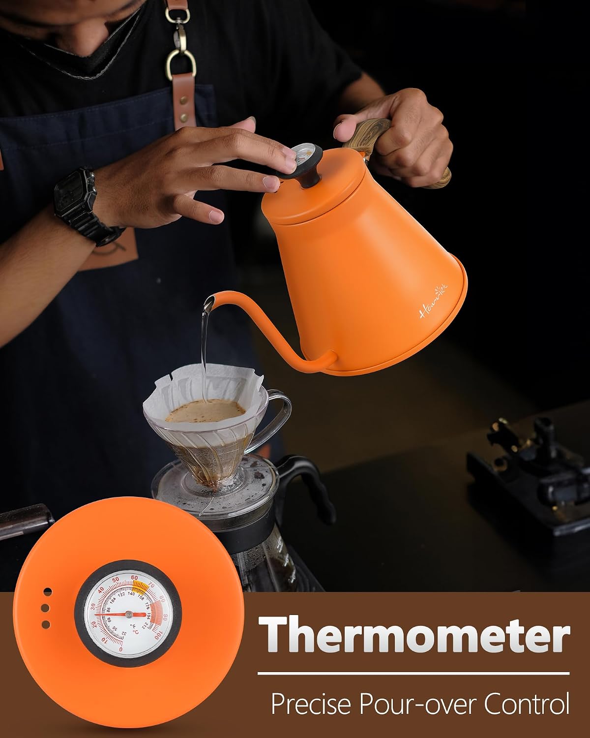 harriet gooseneck kettle with thermometer for pour over coffee and tea, 37 fl oz, stainless steel, durable 3-layer base, ideal spout for precision pouring, compatible with all stove tops, orange