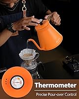 Vista 2 de Harriet Hervidor de cuello de cisne con termómetro para verter sobre café y té, 37 onzas líquidas, acero inoxidable, base duradera de 3 capas