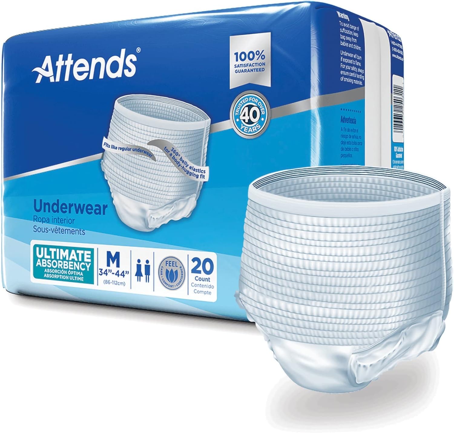 Attends Underwear for Adult Incontinence Care with Quick-dry Channels, Ultimate Absorbency, Unisex, Medium, 20 Count (x4)