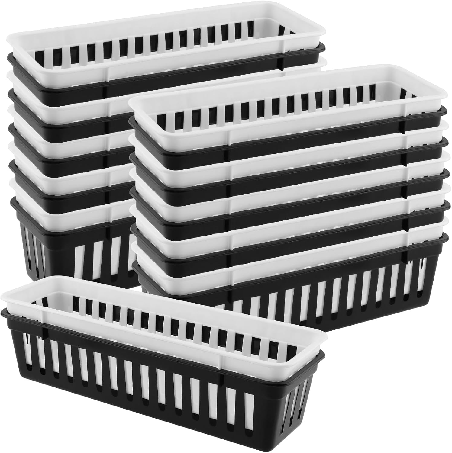 24 Pack Pencil Organizer Tray, 11 × 3.1 × 2.3 Inch Office Supply Baskets Crayon Basket, Plastic Desk Basket for Office Storage, Organization, Decorations (Black, White)