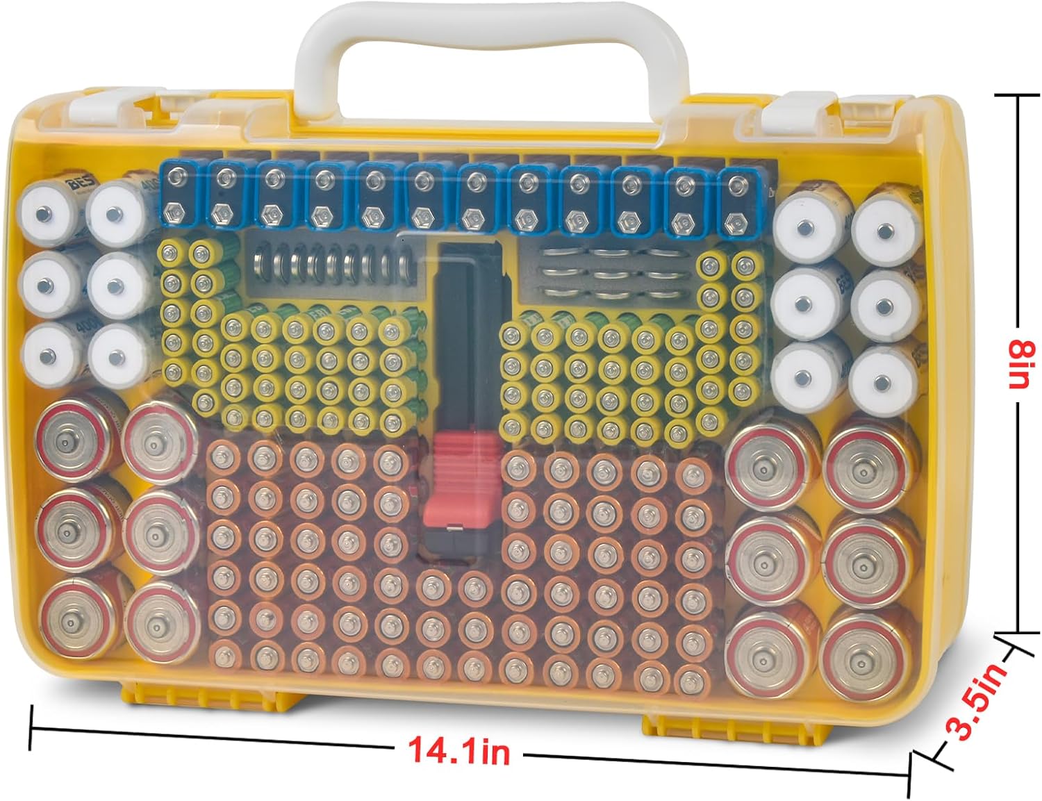 Battery Organizer Storage Holder Case with Double-Sided, Garage Box with Tester Checker. Batteries Container for 269pcs AA AAA AAAA 3A 4A 9V C D Lithium 4LR44 CR2 CR123A CR1632 CR2032 18650 - Yellow
