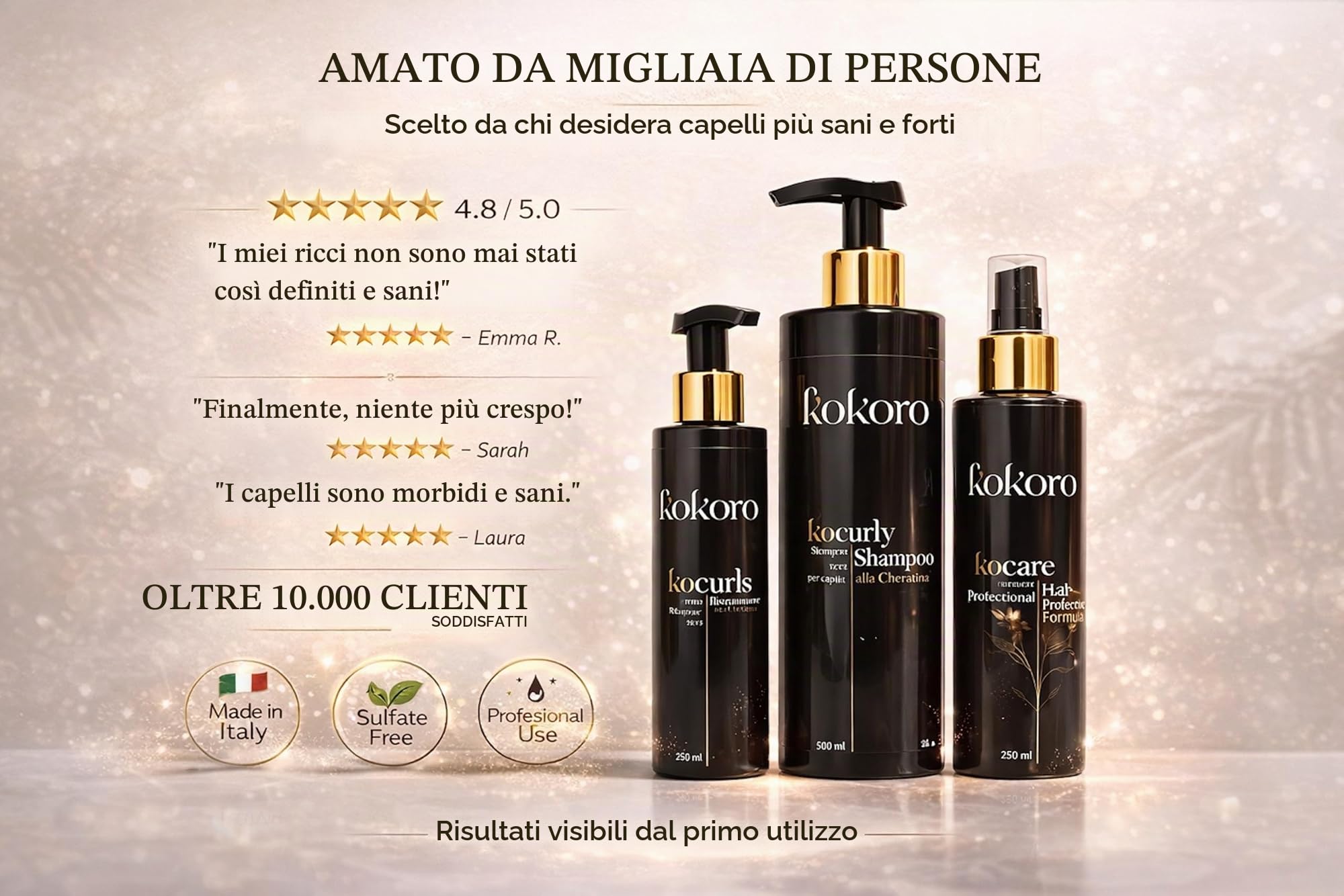 KOKORO Kit Ricci Protetti – Shampoo Anticrespo 500ml + Trattamento Cheratina 250 ml + Termoprotettore 250 ml – Routine Completa Capelli Ricci, Anti Crespo, Protezione Calore, Definizione Professionale