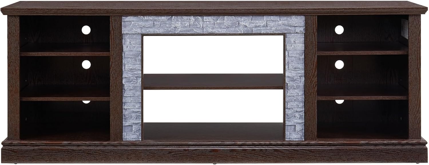 Modern TV Stand, 70"W TV Media Stand with Realistic Stacked Stone Surround and Open Storage Space, Entertainment Center Media Console with Adjustable Shelf, Stand for Living Room (Cherry, 70 inch)