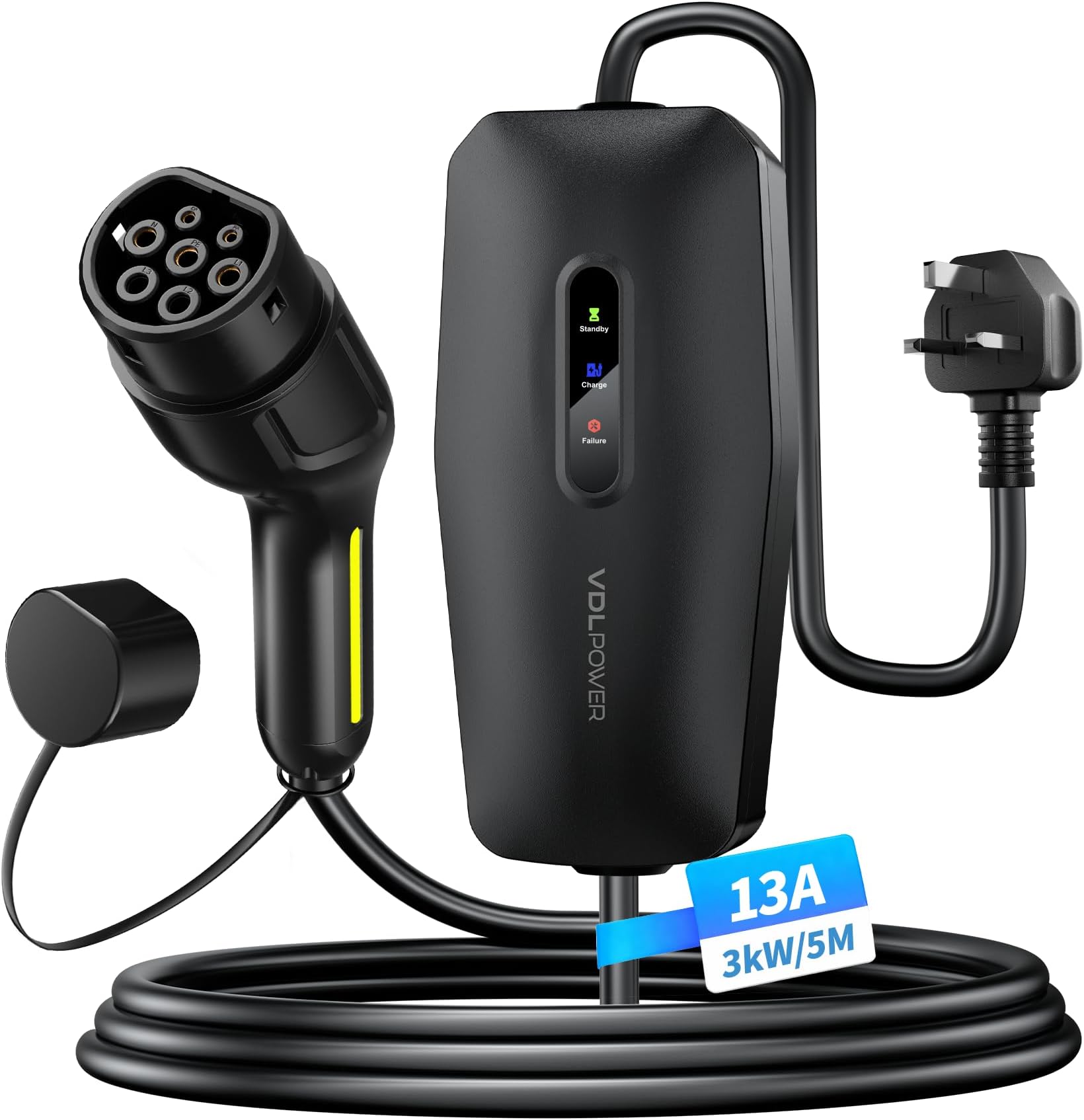 EV Charger Type 2 to 3 Pin Plug, 13A 230V Portable EV Car Charger with 5M Cable, LED Status Indicators, IP65 Waterproof Electric Vehicle Charging Cable for EVs & PHEVs