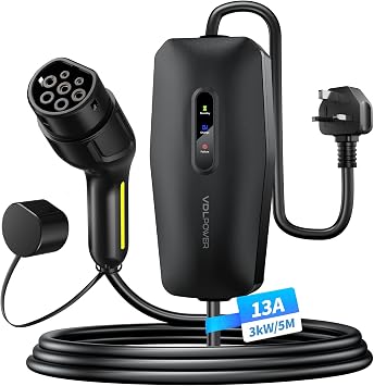 EV Charger Type 2 to 3 Pin Plug, 13A 230V Portable EV Car Charger with 5M Cable, LED Status Indicators, IP65 Waterproof Electric Vehicle Charging Cable for EVs & PHEVs