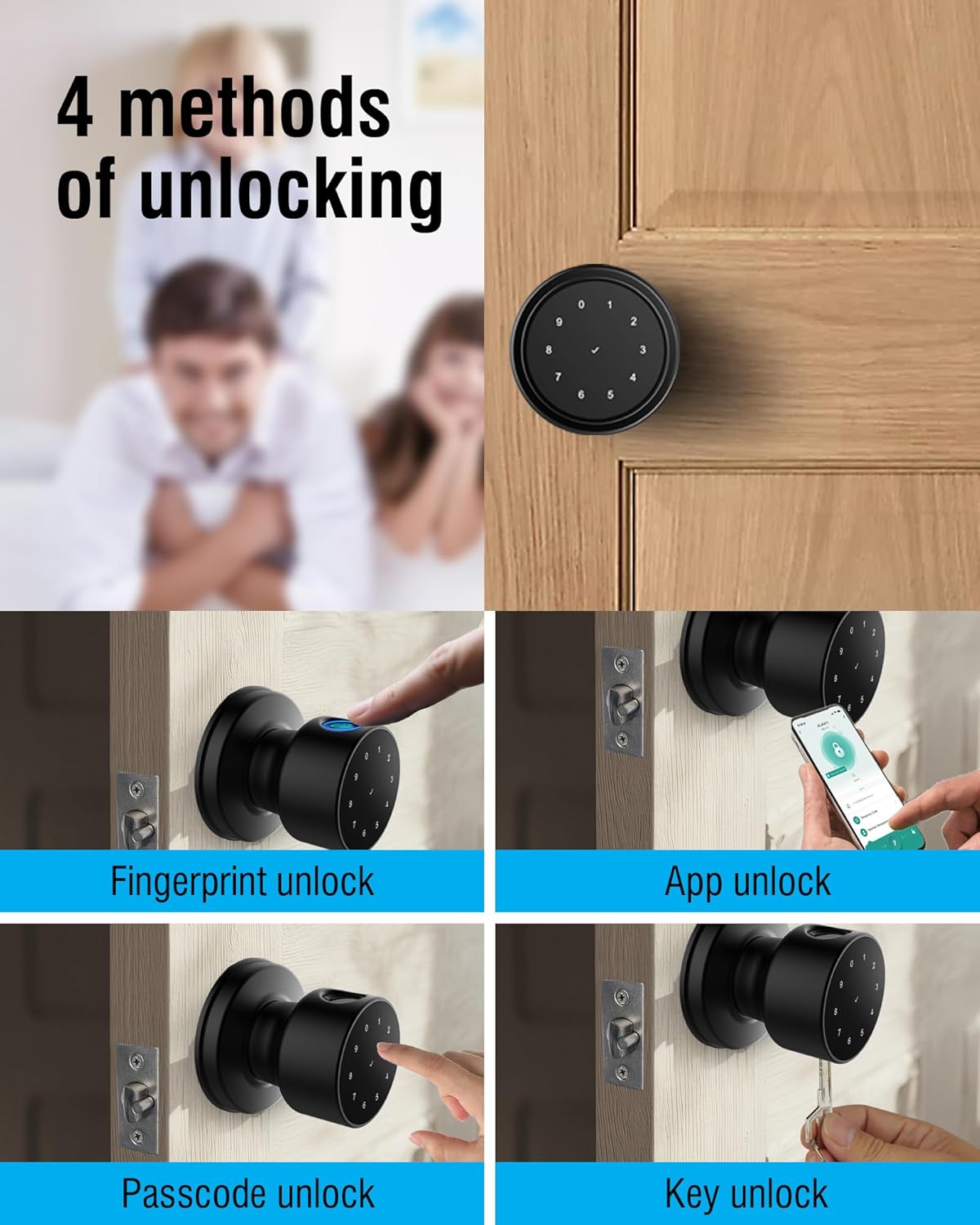 5-in-1 Smart Fingerprint Door Knob with Keypad, Bluetooth/APP Control, Keyless Entry Door Lock, Easy No-Drill Installation for Front Door, Bedroom, Office