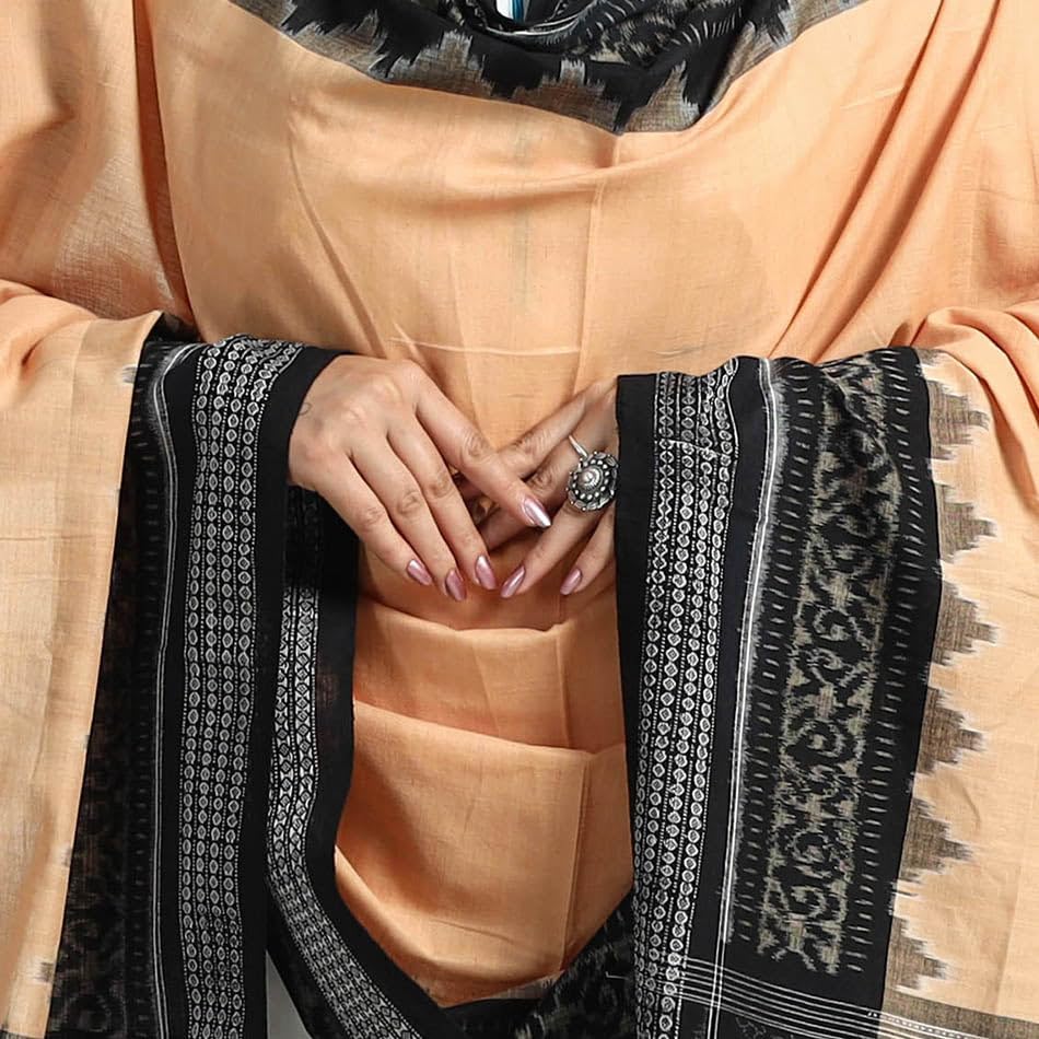 Image of Cotton Dupatta with weaving and Ikat woven border from the Weavers Stole for Girls & Women