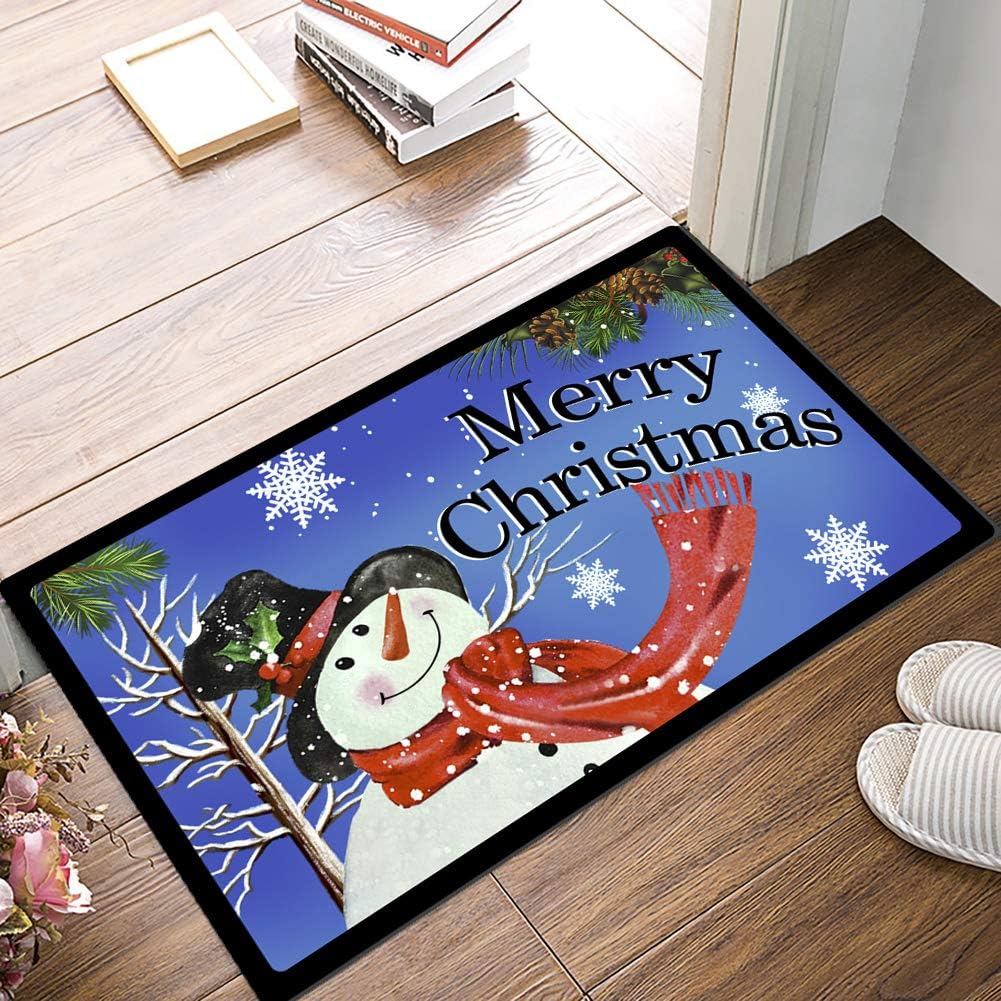 Merry Christmas Doormat Decorative Welcome Mat Non-Slip Snowman Front Door Mat Indoor Outdoor Winter Snow Floor Rug Rubber Snowflake Entrance Carpet