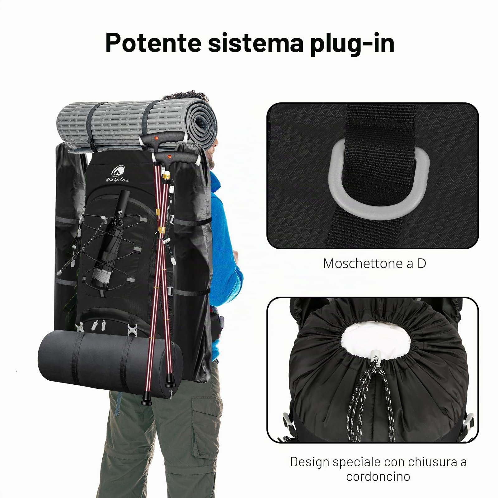 Zaino da trekking impermeabile da 60L per uomini e donne, grande zaino da campeggio con copripioggia, zaino da trekking con rete posteriore per viaggi trekking backpacking, Nero , ‎60L