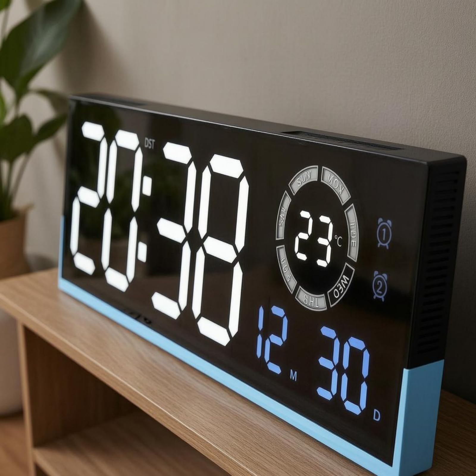 KESOTO Orologio da Parete Illuminato Orologio Digitale Orologio LED Orologio Rettangolare con Cifre Grandi Display Retroilluminato Calendario E Termometro, Blu