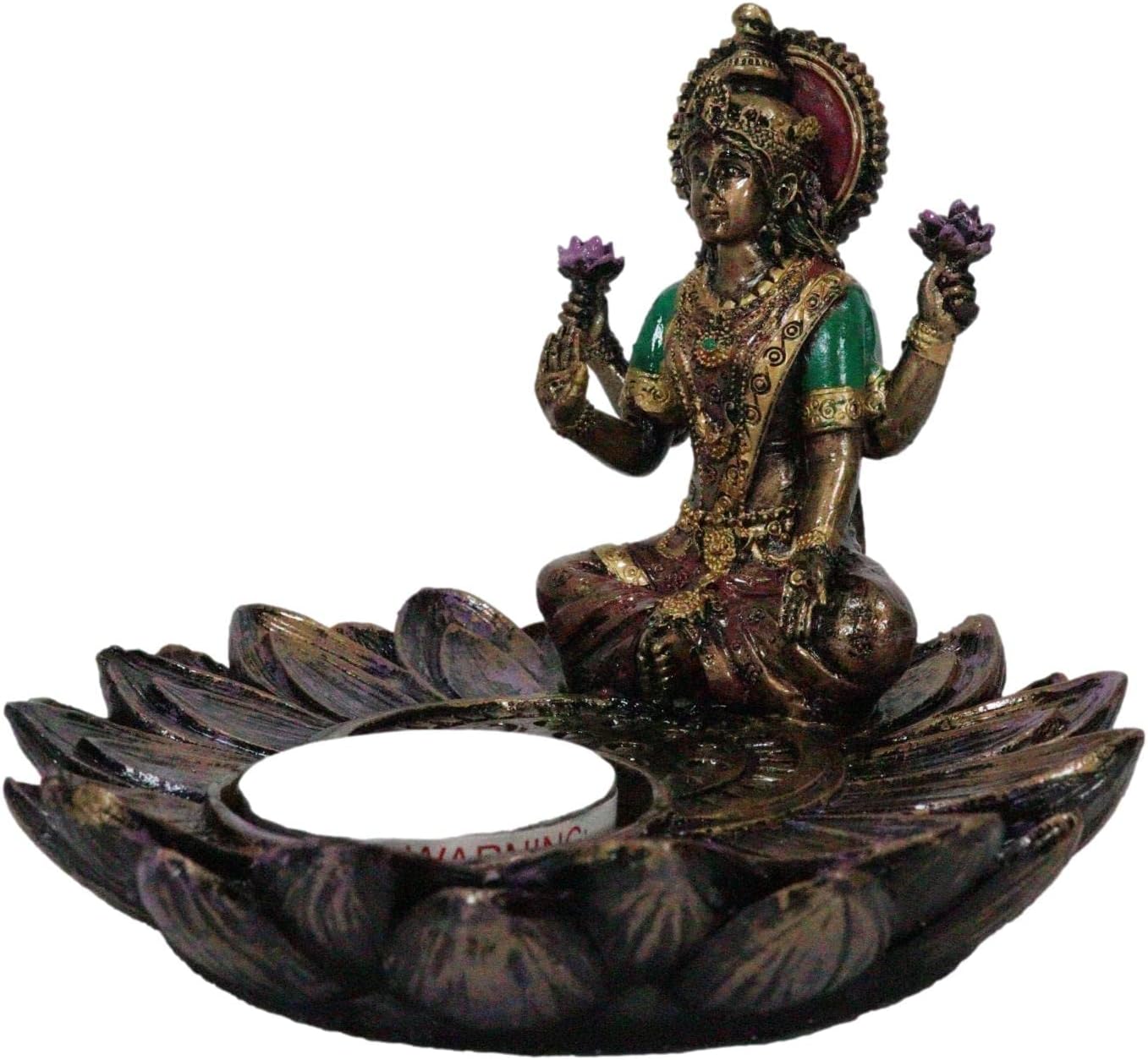Ebros Gift Hindu Deity Goddess of Prosperity and Fortune Lakshmi Sitting On Lotus Padma Flower Votive Candle Holder Figurine Candleholder Altar Statue