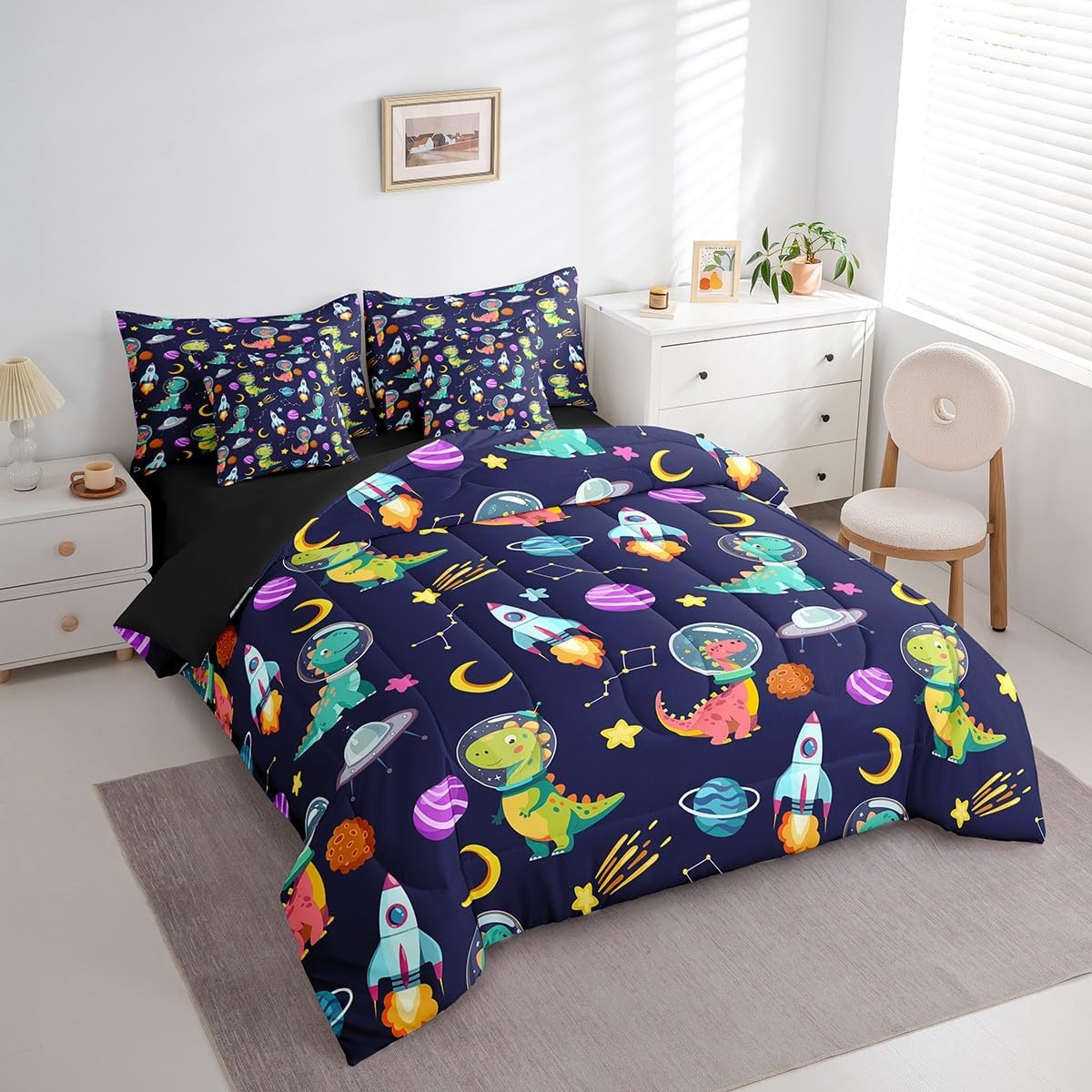 Feelyou Dinosaur Comforter Set Twin Size 7 Pieces Girls Outer Space Dino Bedding Set Jungle Animals Astronaut Bed in a Bag for Kids Space Rocket Bed Set with Comforter Sheets Pillowcases Pillow Cover