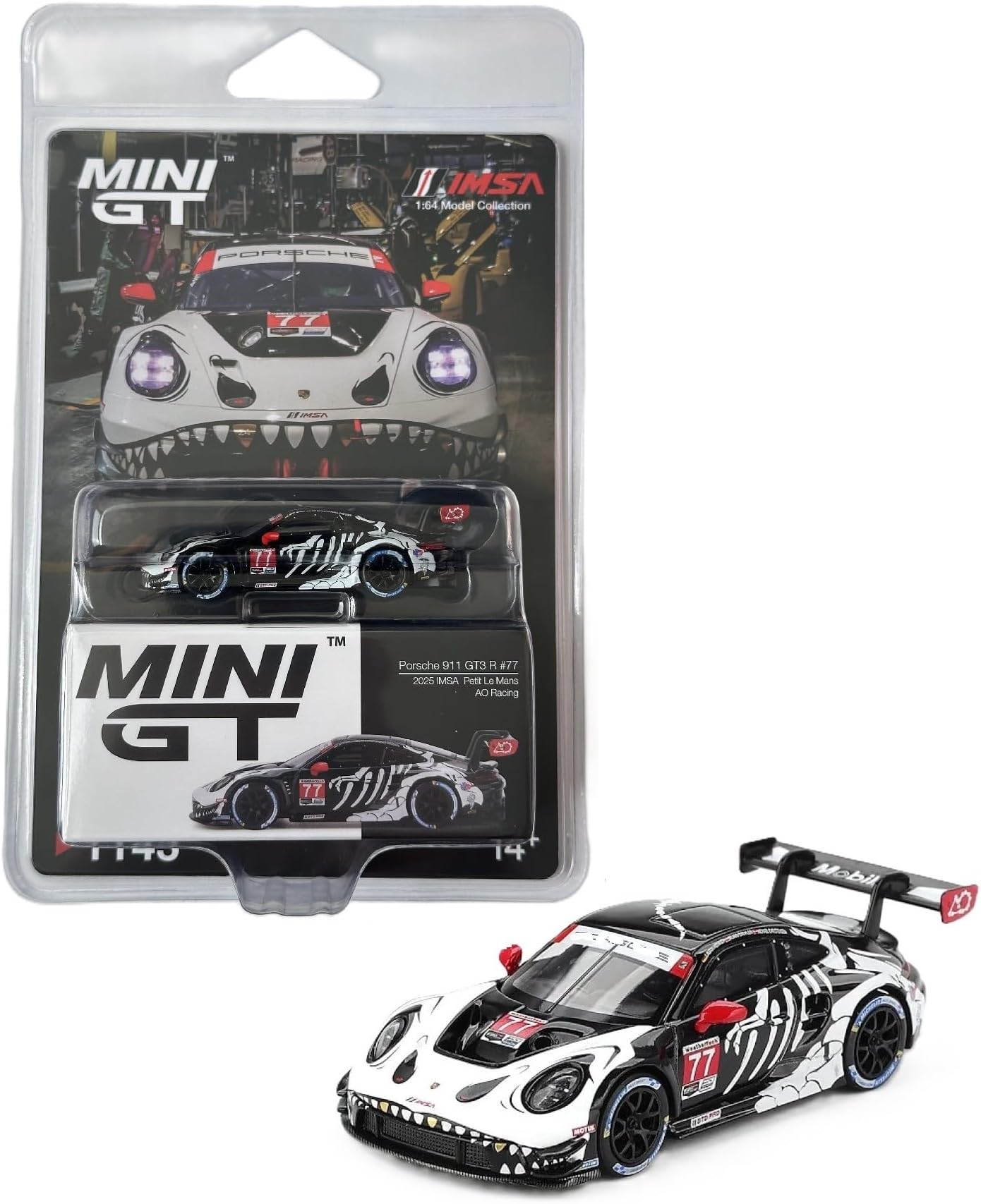 1:64 Scale Diecast Model Car Compatible with Porsche 911 GT3 R #77 AO Racing 2025 IMSA Petit Le Mans Limited Edition by MINI GT MGT01143