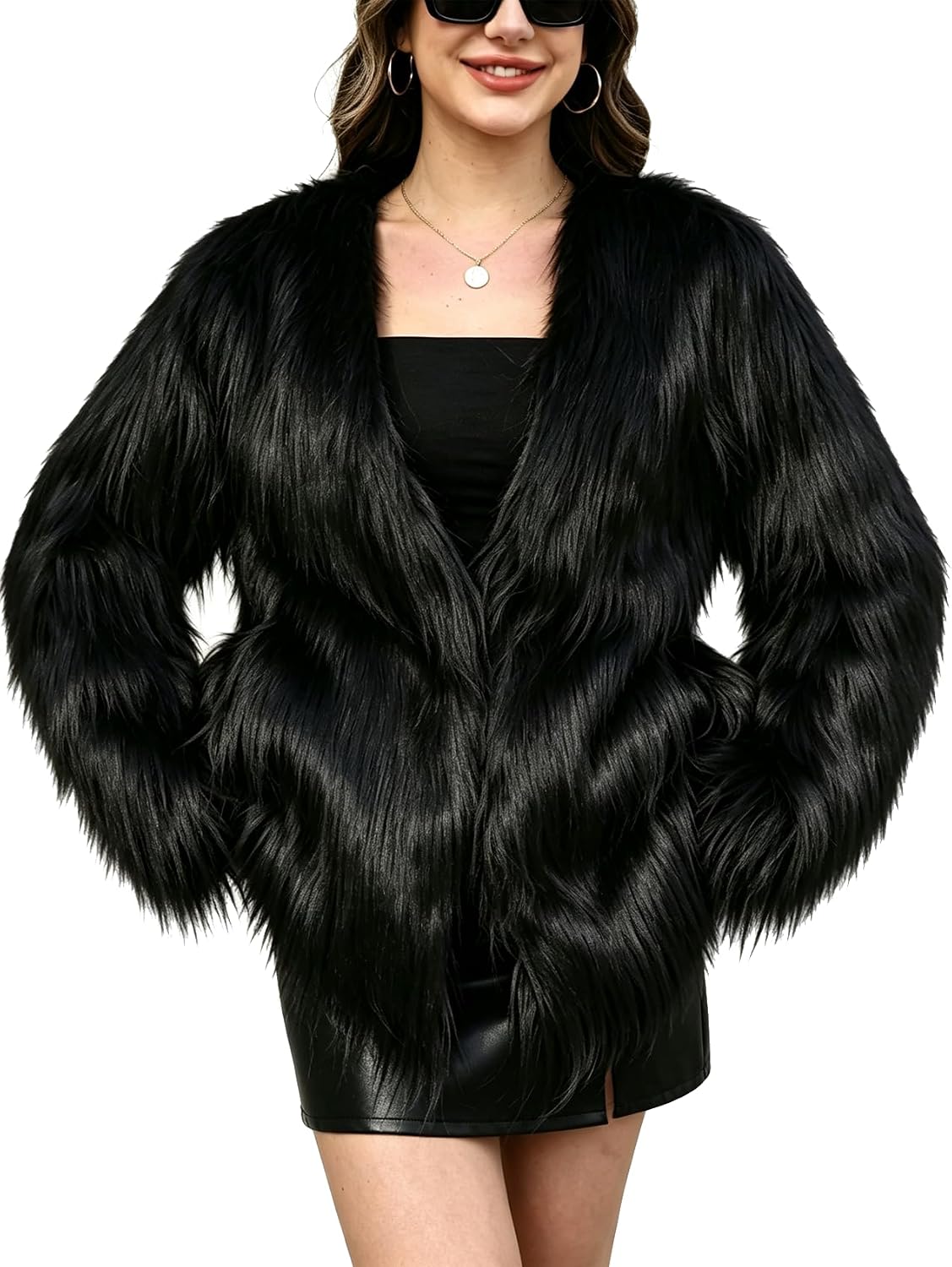Wyeysyt Women's Faux Fur Coat Fluffy Faux Fur Long Jacket Winter Open Front Furry Shaggy Parka Coats Outerwear