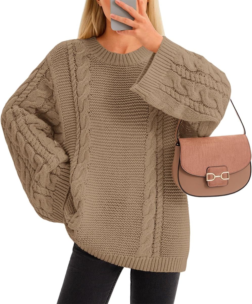 Yousify Womens Oversized Cable Knit Sweaters Long Sleeve Crewneck Casual Fall Chunky Pullover Vintage Loose Fit Sweater Tops
