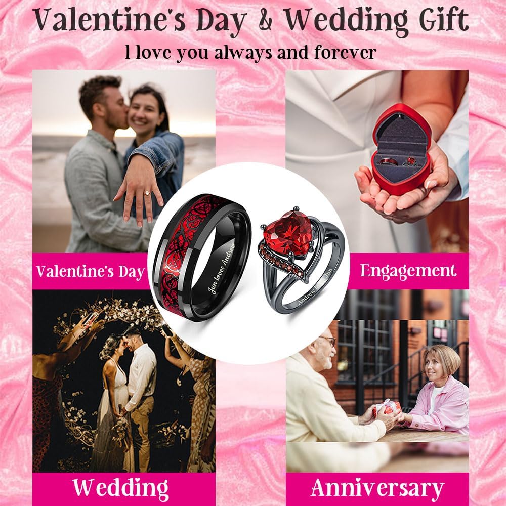 Couple's Matching Celtic Dragon Wedding Ring Sets Him and Her Anniversary Bands with Heart CZ Ruby Rings Engagement Promise Rings for Women Men Custom Engraved Sizes 5-13