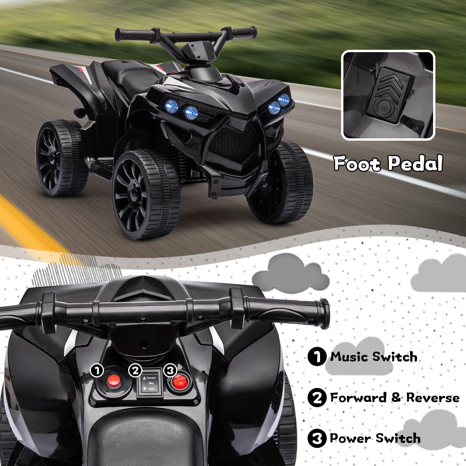 Garvee Quad Électrique Enfant, Voiture Électrique pour Enfants avec LED Et Musique,1.5-3 km/h, Klaxon, ATV pour Enfants 3+