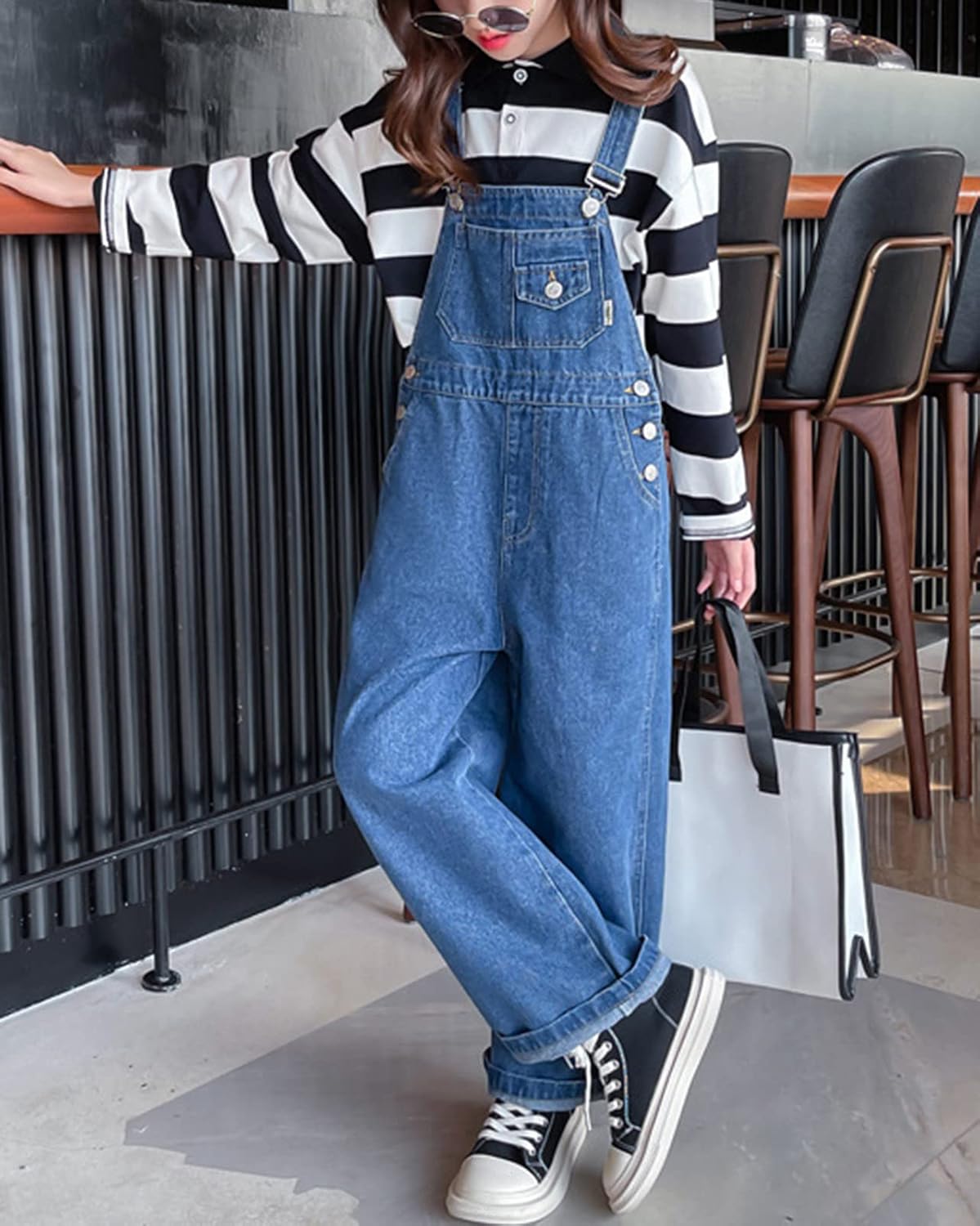 Girls Denim Dungarees Casual Denim Jeans Bib Overalls Jumpsuits with Pockets for Spring & Autumn