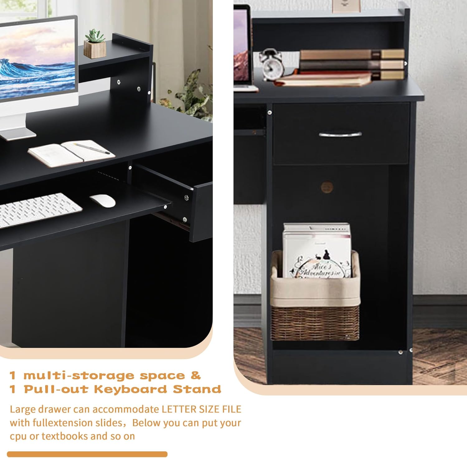 Home Office Computer Desk, 43" PC Desk with Drawers and Pull-Out Keyboard Tray, Modern Studying Writing Table with Hutch and Storage Shelves, Black