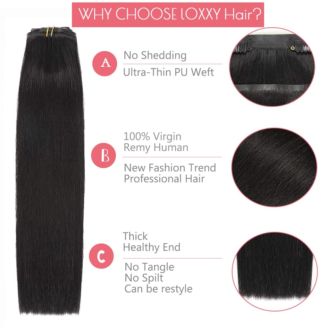 Loxxy Seamless Clip in Extensions Real Human Hair Double PU Weft 14inch #1 Off Black Real Human Hair Clip On Hair Extensions Silky Straight 7PCS 110Gram