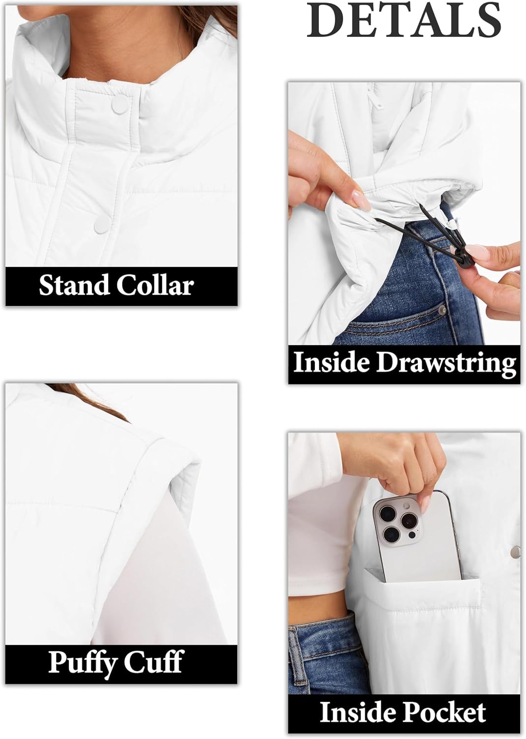 SMENG Womens Puffer Vest Sleeveless Cropped Stand Collar Button Zip Up Slanted Shoulder Warm Outerwear