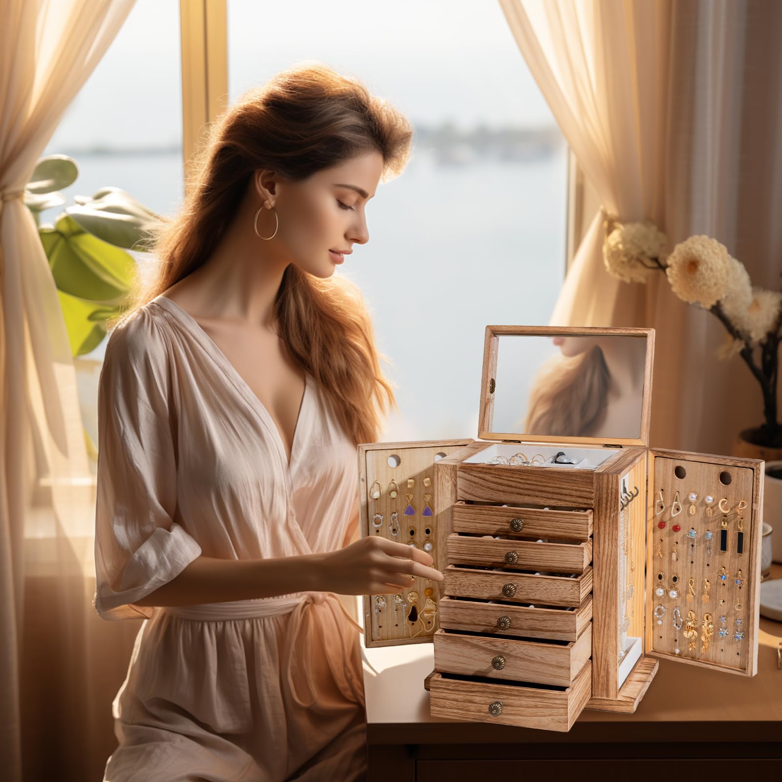 ProCase Joyero Grande, Organizador para joyas de Madera 7 Capas con espejo para Pendientes Pulseras Collares Relojes Anillos, Almacenamiento de Joyas para Mujeres y Chicas -Natural