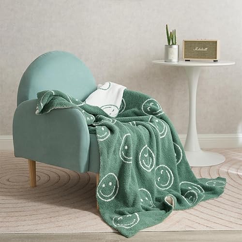Miniatura 9 de Manta reversible con cara sonriente, color verde salvia, súper suave, acogedora, cálida y esponjosa para sillón y cama, estética (63 pulgadas de