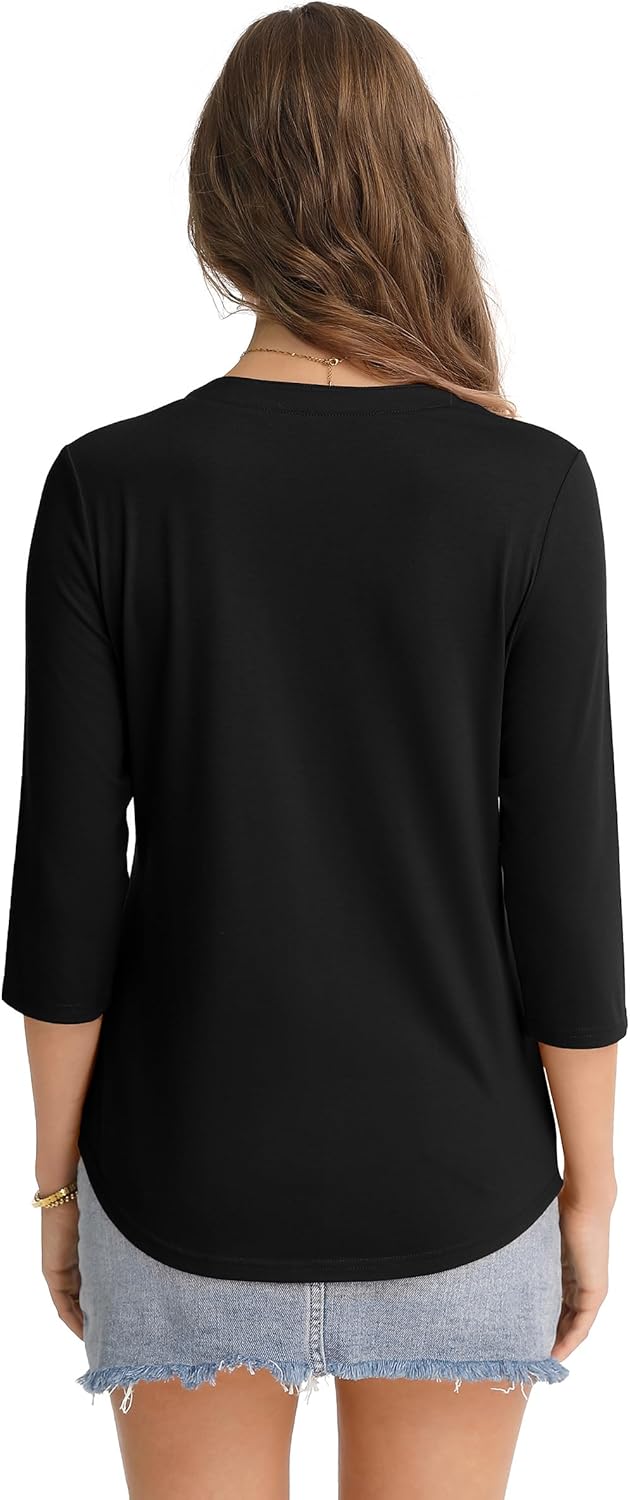 QUALFORT Women's 3/4 Sleeve V Neck Shirt Curved Hem Dressy Casual Spring Tops 2026 - Image 7