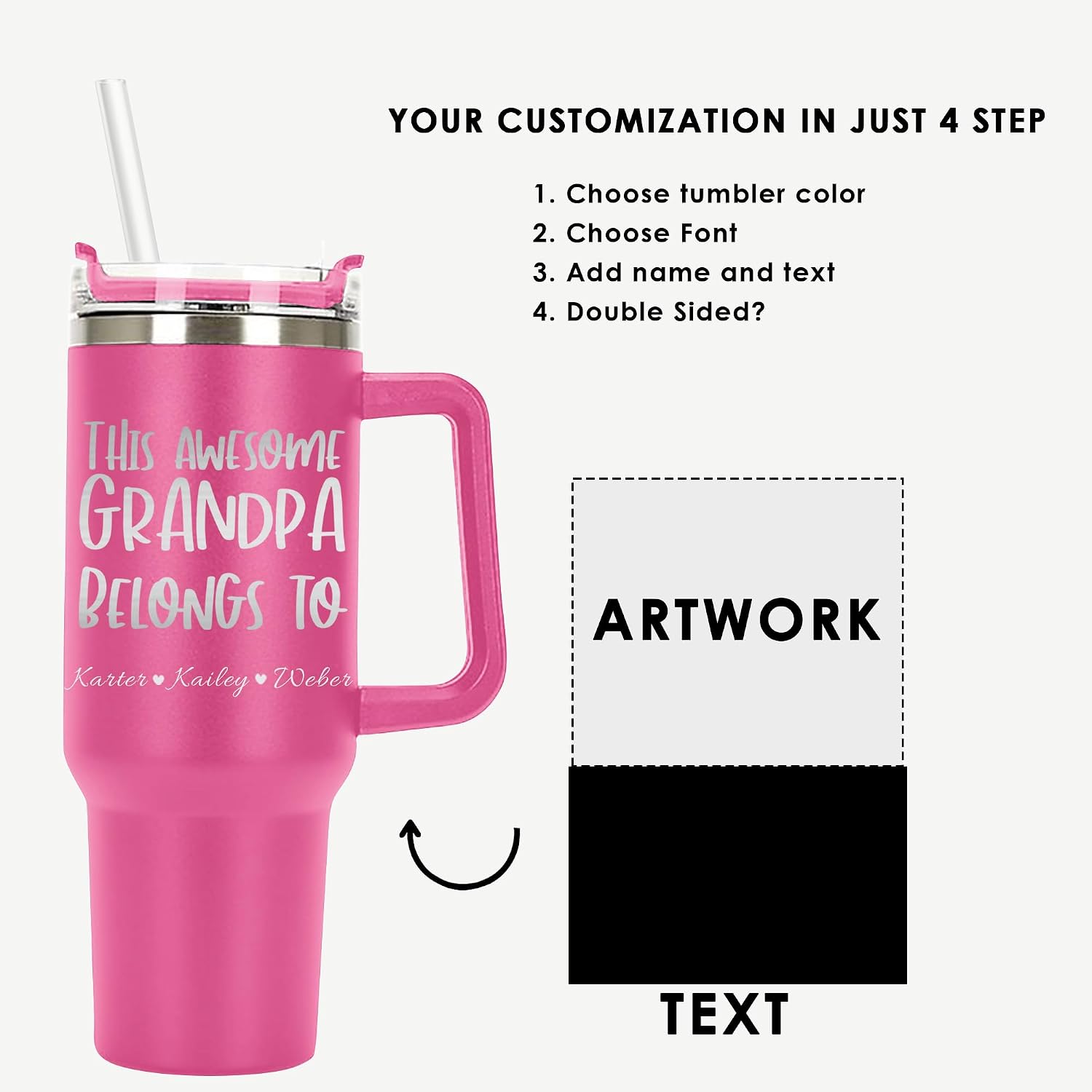 Grandpa Personalized Laser Engraved 40oz Large Tumbler with Handle, Straw Lid, Travel Tumbler Mug Papa, Grandpa, Papa Gifts Grandchildren, Granddaughter, Grandson, Father's Day Ideas