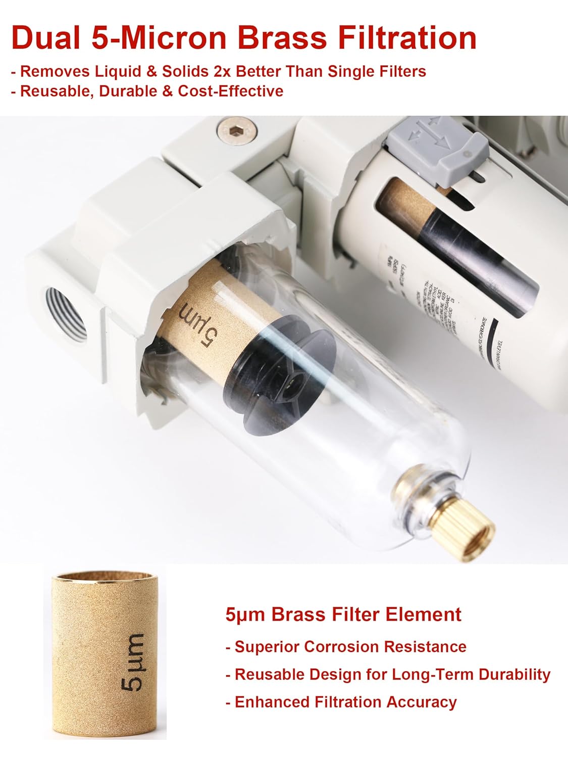 3/8" NPT Air Compressor Filter Regulator Combo with Semi-Auto Drain, Double 5 Micron Brass Elements, 3/8" Air Drying System, Compressed Air Water Separator, 70 SCFM, 0-145 PSI