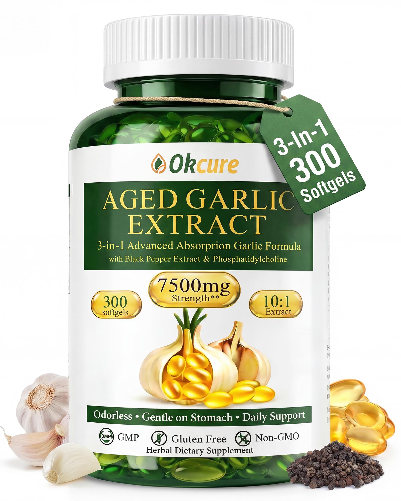 Aged Garlic Extract, 3-in-1 Odorless Garlic Supplement, 300 Softgels 300 Count (Pack of 1)